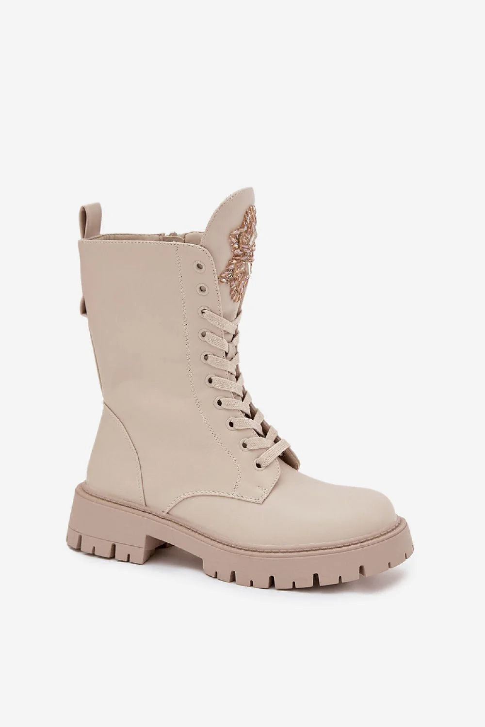bottines rangers beige similicuir écologique doublure fourrure synthétique chaudes confortables zip latéral lacets semelle crantée talon bloc brodé doré