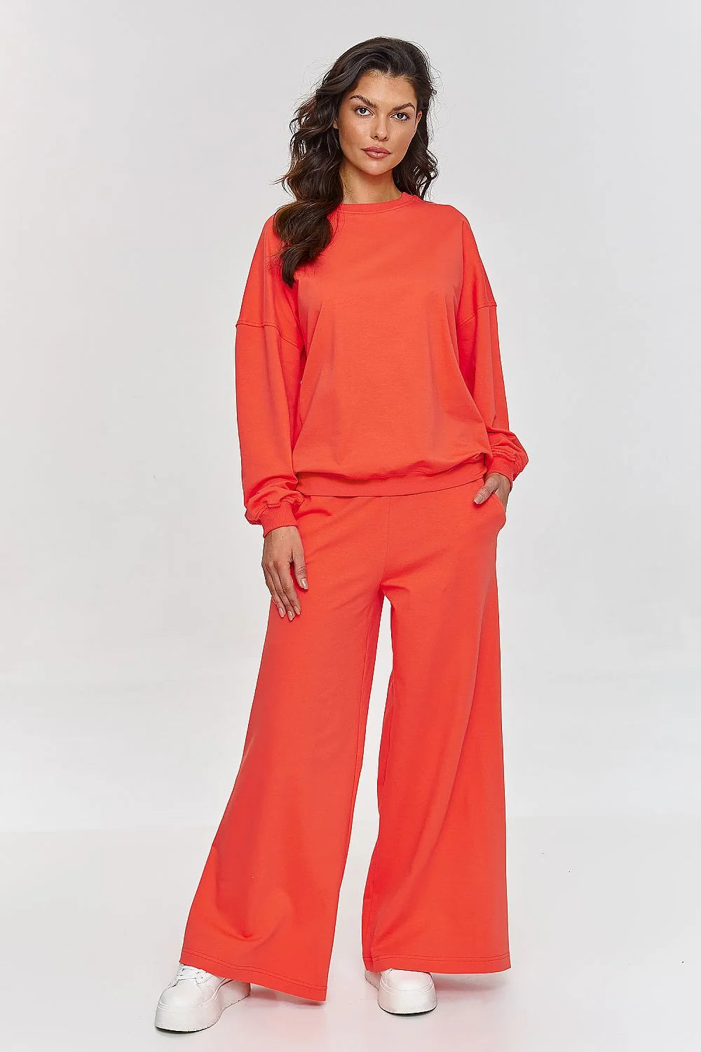 Ensemble Makadamia pour femme, survêtement ample orange vibrant, sweatshirt oversize manches longues, pantalon large élastique, style casual moderne