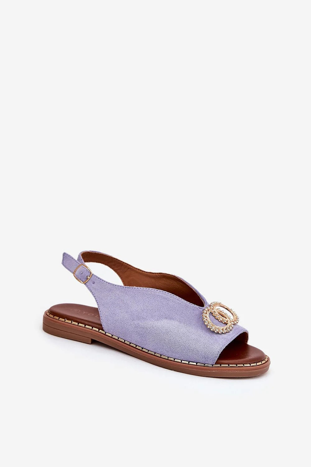 Sandales ouvertes élégantes pour femmes style moderne design double cercle entrelacé en pierres dorées tige en daim lavande semelle en cuir artificiel talon plat ajustable