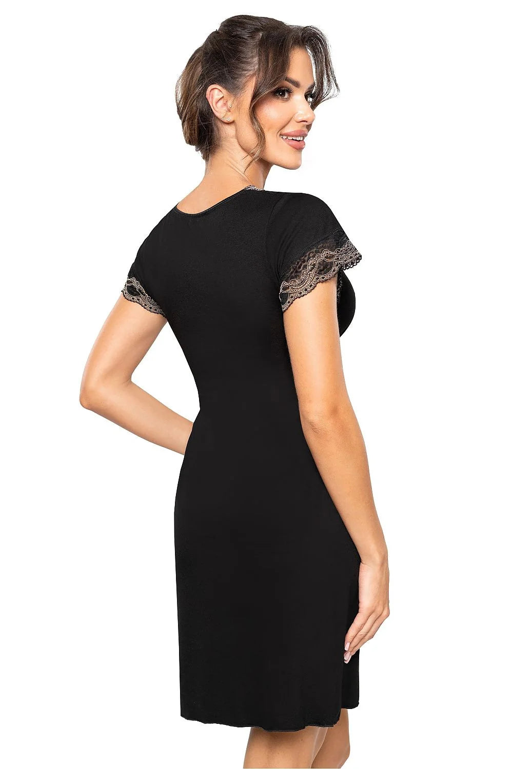 Chemise de nuit Donna en viscose dentelle noire manches courtes décolleté V taille élastiquée femmes confortable sexy