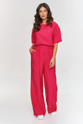 Ensemble Makadamia féminin printemps été rose vif coupe moderne chemisier ample pantalon large taille élastiquée femme