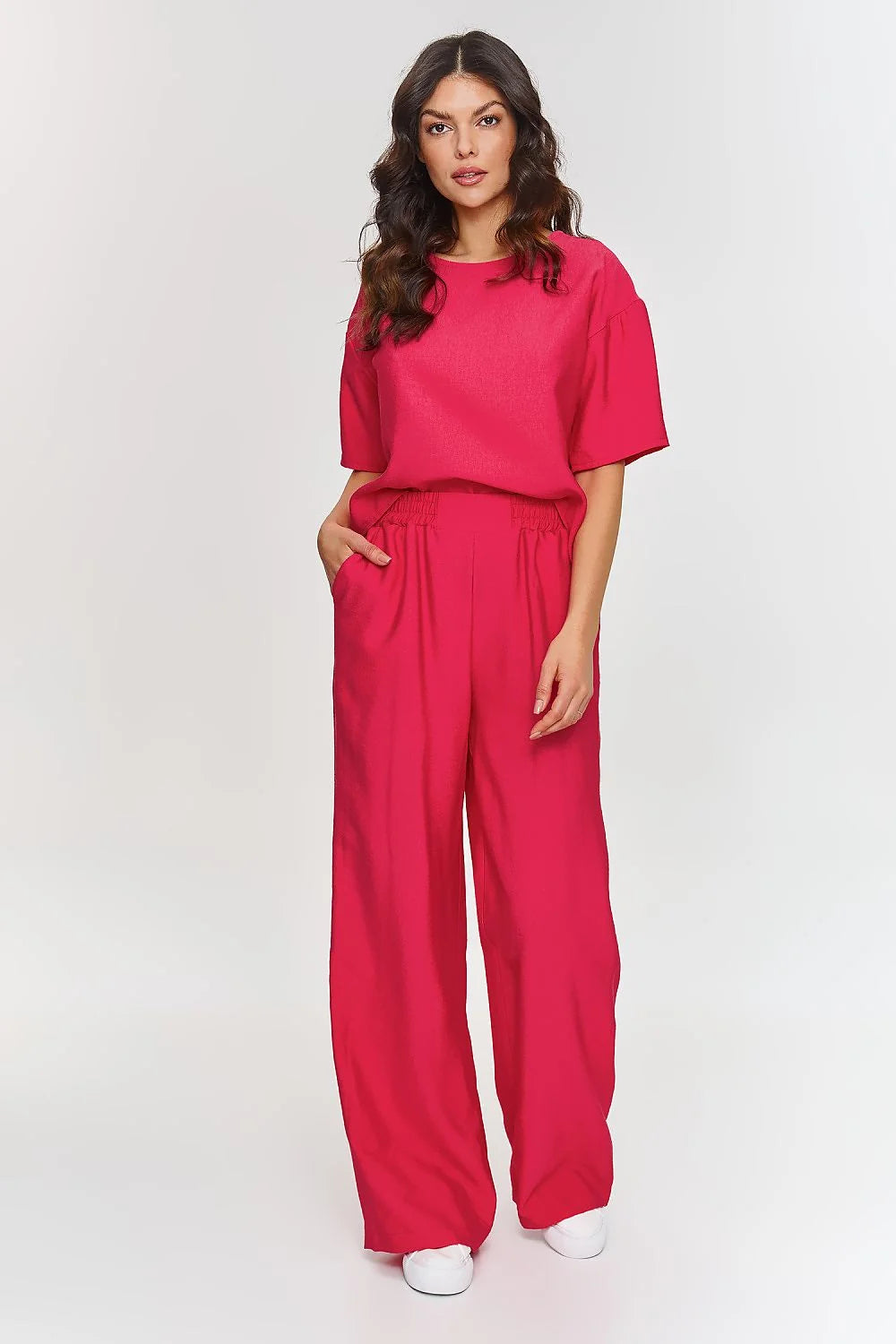 Ensemble Makadamia féminin printemps été rose vif coupe moderne chemisier ample pantalon large taille élastiquée femme