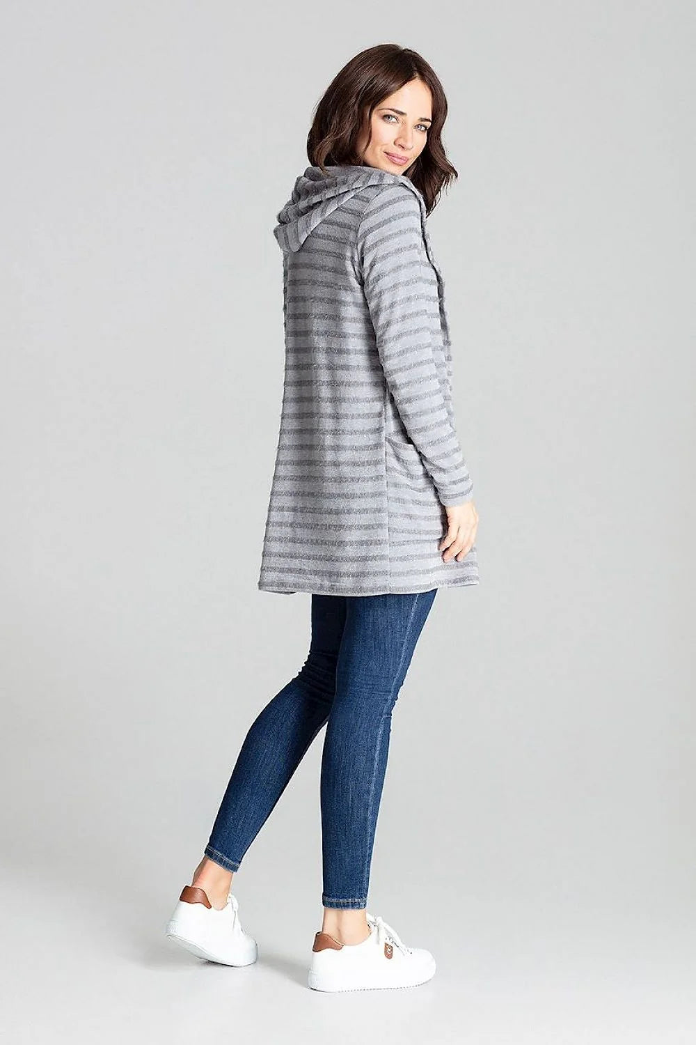 Cardigan femme maille rayée douillette style casual capuche poches pratiques pour quotidien et loisirs