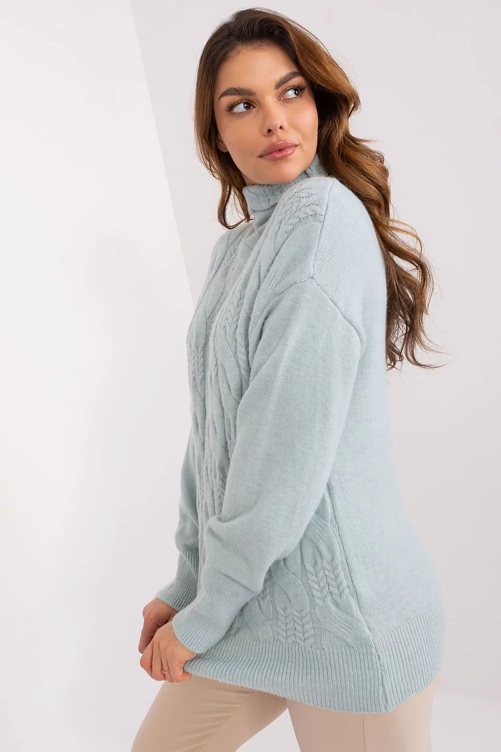 Pull col roulé maille femme bleu pastel classique intemporel manches longues coupe droite tricot laine douce finitions côtelées torsades élégance