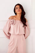 Ensemble élégant féminin bohème chic encolure bardot pantalon taille haute robe de soirée rose pâle polyester femme