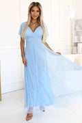 Robe de soirée élégante longue couleur bleu ciel doublure opaque empire cut ceinture assortie femmes