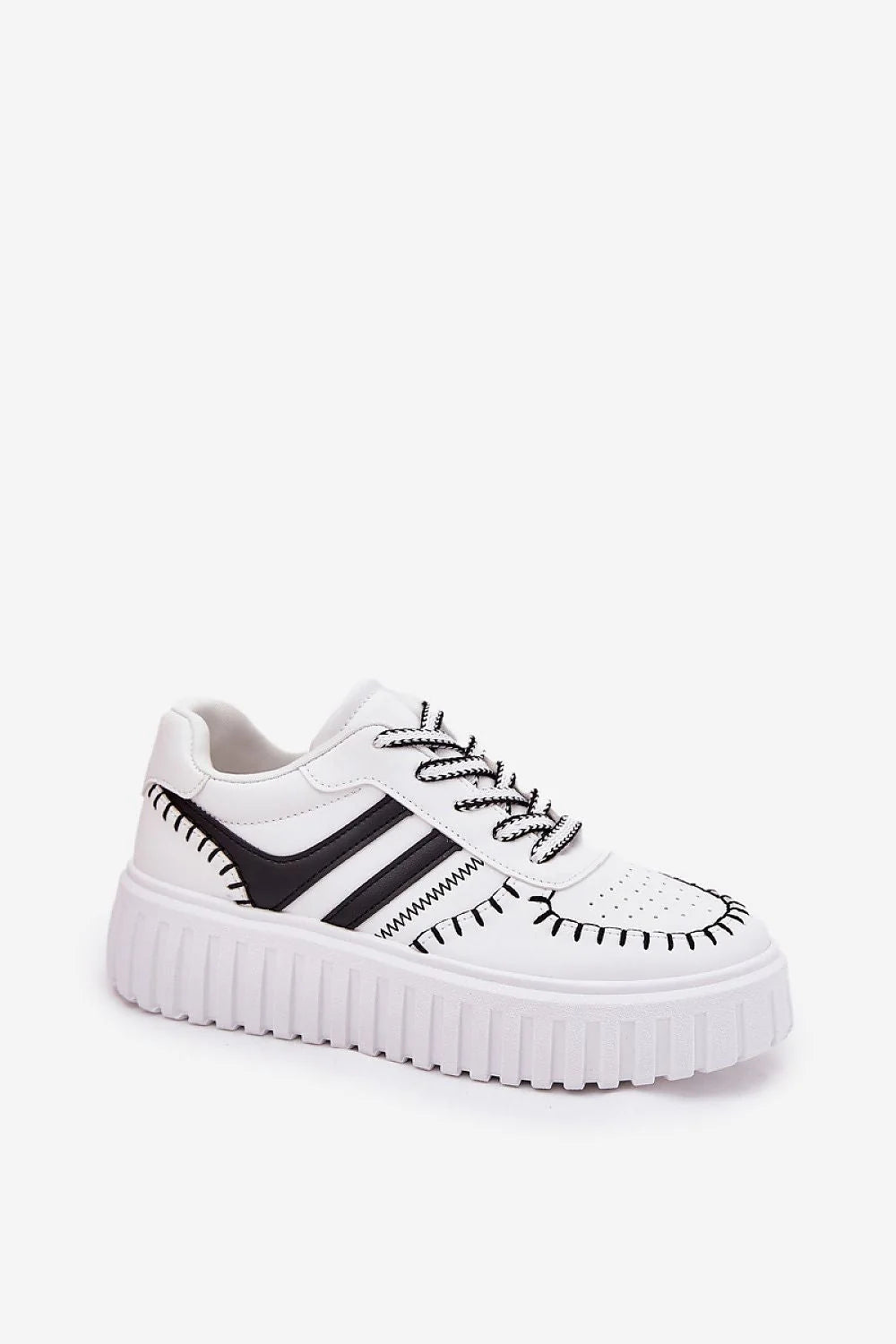 Chaussures de sport élégantes pour femmes en simili cuir blanc et noir coutures contrastées plateforme amortie bout rond