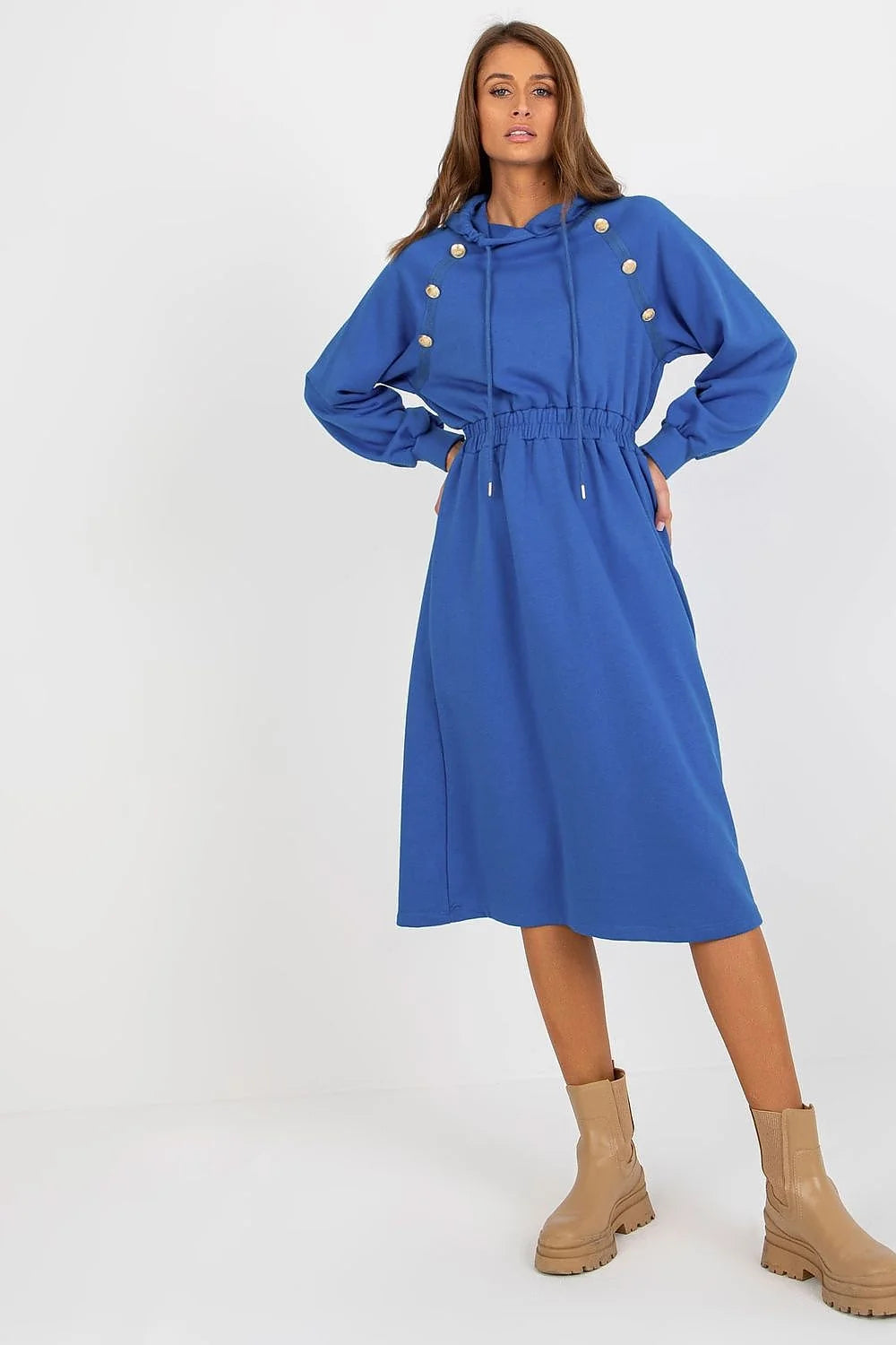 Robe de jour Relevance en coton et elasthanne, manches longues, capuche, boutons decoratifs, couleur verte, style casual, pour femme