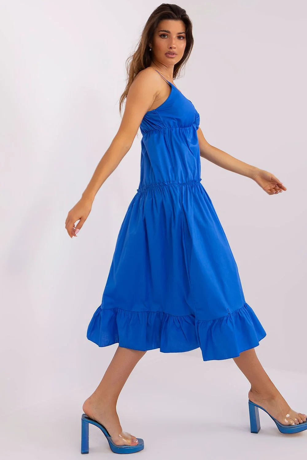 Robe de jour Och Bella bleu vif décontractée encolure V profond bretelles ajustables jupe évasée coton 98% elasthanne 2% femme été