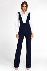 combinaison pantalon tailleur bleu marine bretelles taille haute plastron V maintien élégante coupe cintrée hanches jambes longues évasées poches pratiques