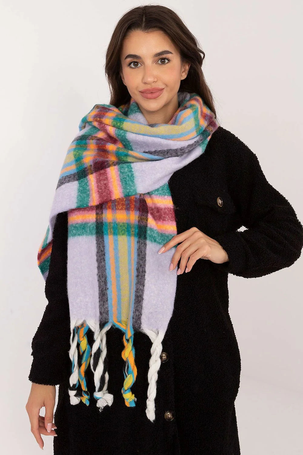 écharpe femme polyester carreaux multicolore franges torsadées oversize plaid lilas tartan brossée douce pelucheuse longue 182cm hivernale chic