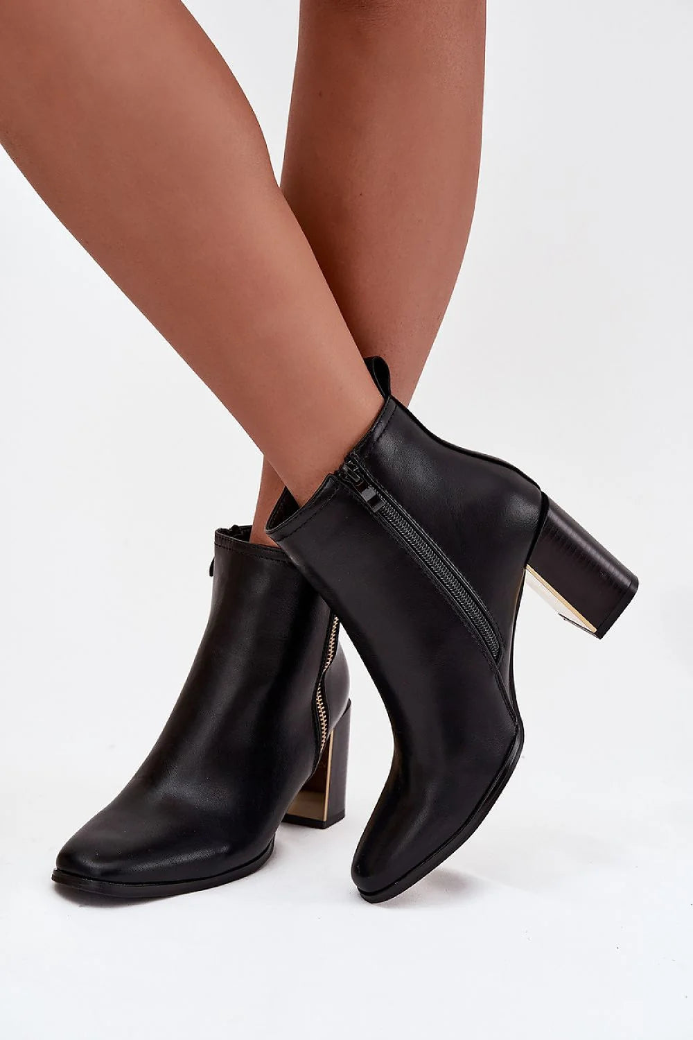 bottines femme simili cuir noir élégantes talon pilier stable confortable bout arrondi fermeture éclair latérale décorative dorée insert miroir