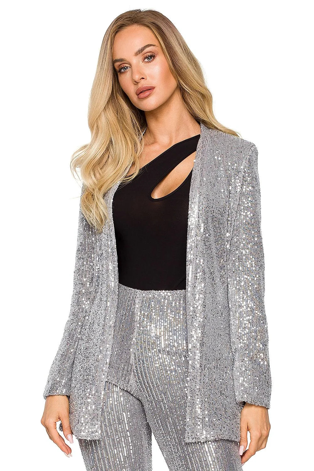Veste de fête scintillante argentée longue élégante pour femme, style moderne chic coupe droite sequins brillants polyester 100 %