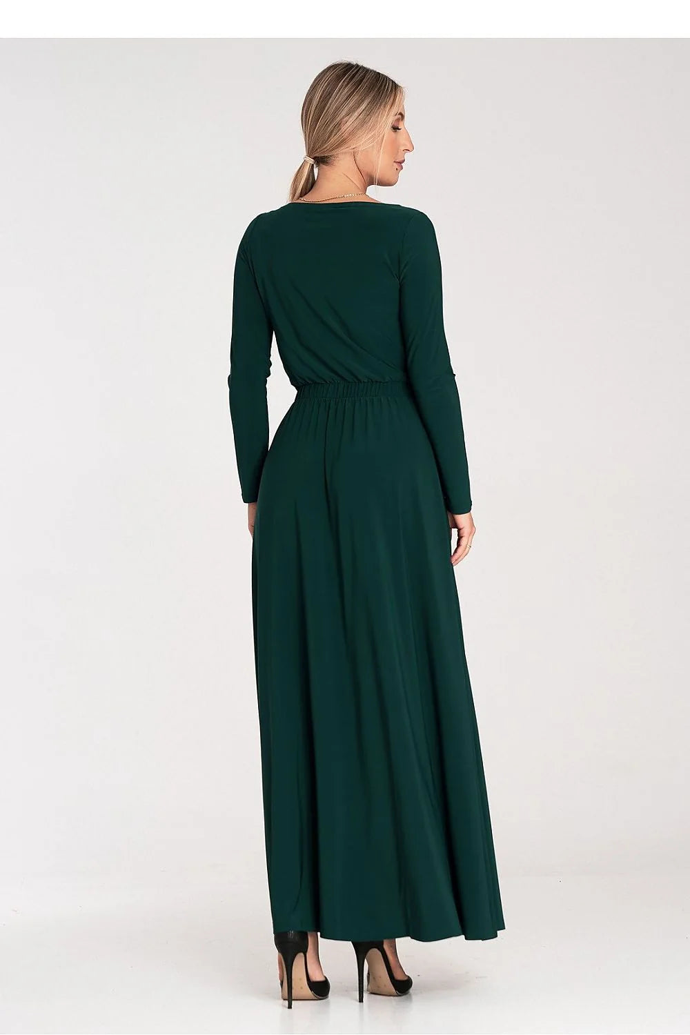 robe jour élégante verte foncée manches longues col bateau taille élastique maxi fluide soyeuse extensible confortable