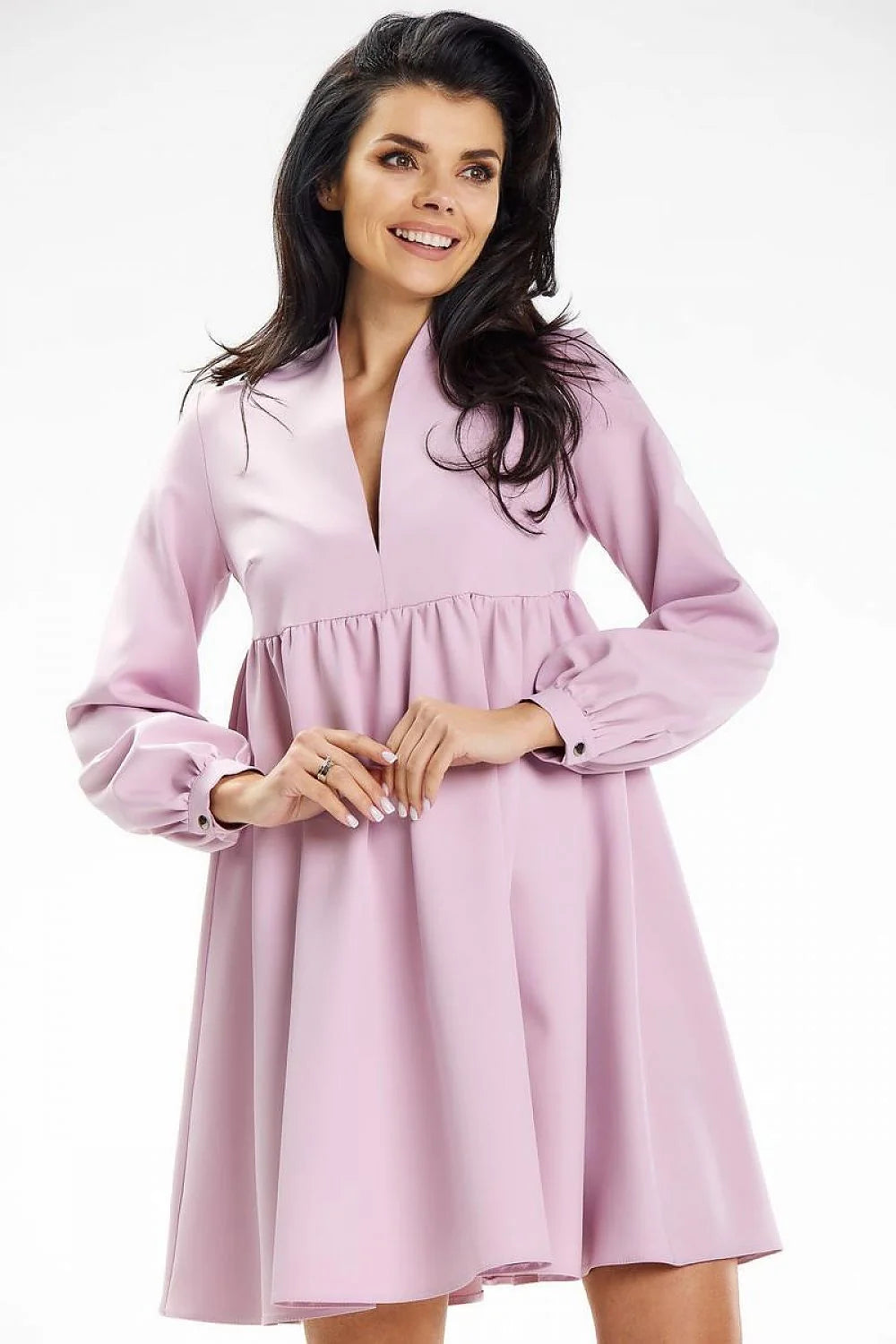 Robe élégante pour femme en polyester élasthanne manches longues encolure profonde ajustée taille empire