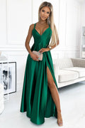 Robe de soirée élégante longue en satin vert émeraude fente haute bustier en V bretelles croisées dos nu taille ajustable femme