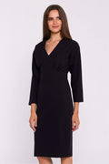 Robe élégante pour femme noire manches longues encolure V ajustée taille marquée longueur genoux coupe crayon