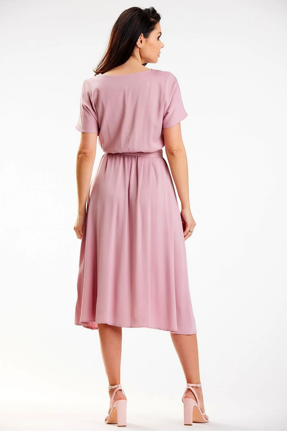 Robe de jour élégante midi manches courtes ceinture à nouer viscose douce couleur rose poudrée femme