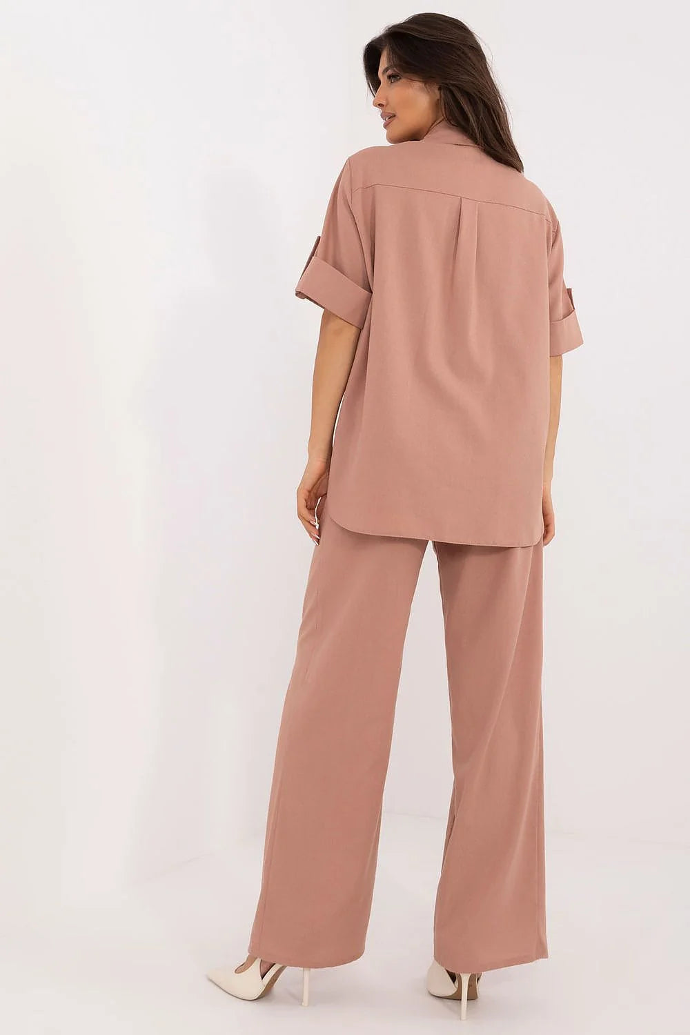 Lakerta ensemble femme deuxpieces chemise boutonnée manches retroussées col classique encolureV pantalon palazzo taillehaute large fluide rosepoudré oversize minimaliste polyvalent