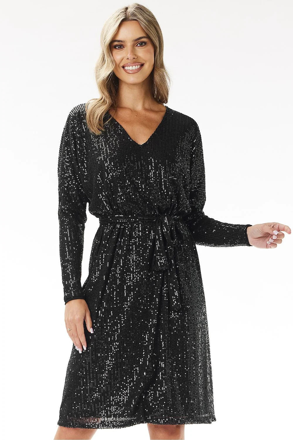 Robe de soirée élégante pour femme noire à sequins manches longues encolure en V ceinture taille ajustable Awama