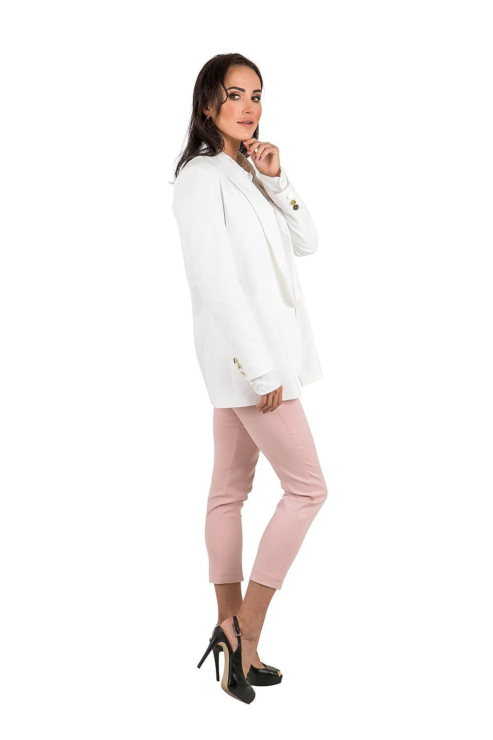 Veste et pantalon tailleur pour femme style professionnel élégant rose pâle matière légère extensible