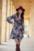 Robe de jour Roco Fashion portefeuille manches longues ceinture mandala violet rose bleu femme