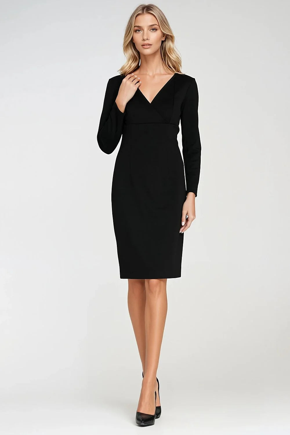 robe femme ajustée noire fourreau crayon manches longues col V profond tissu extensible doux silhouette structurée