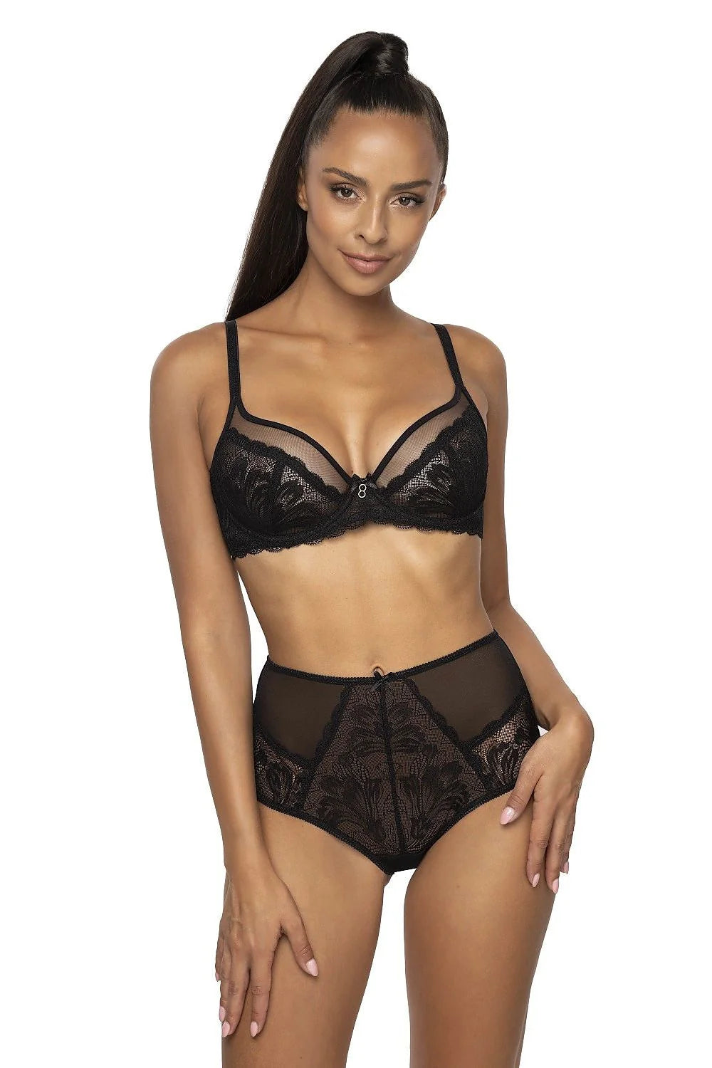 Culotte haute féminine en dentelle et tulle noir, taille ajustable, confort élégance, style rétro chic, lingerie sophistiquée femme
