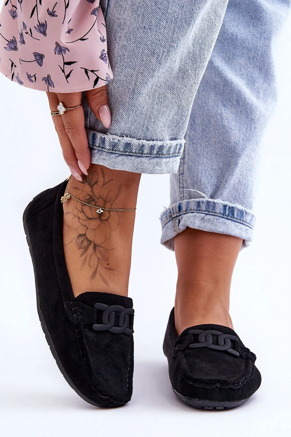 Mocassins femmes élégants en daim noir style casual polyvalent chaîne décorative semelle antidérapante confortable cuir artificiel