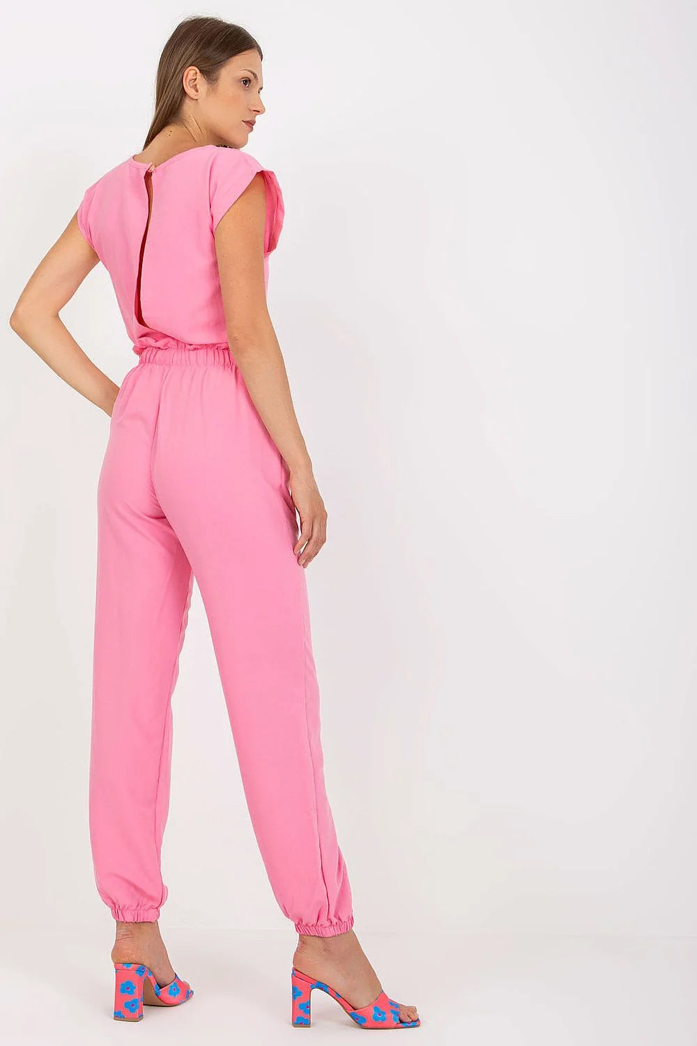 Ensemble été décontracté pour femme en coton élasthanne rose vif manches courtes taille élastique sans motif