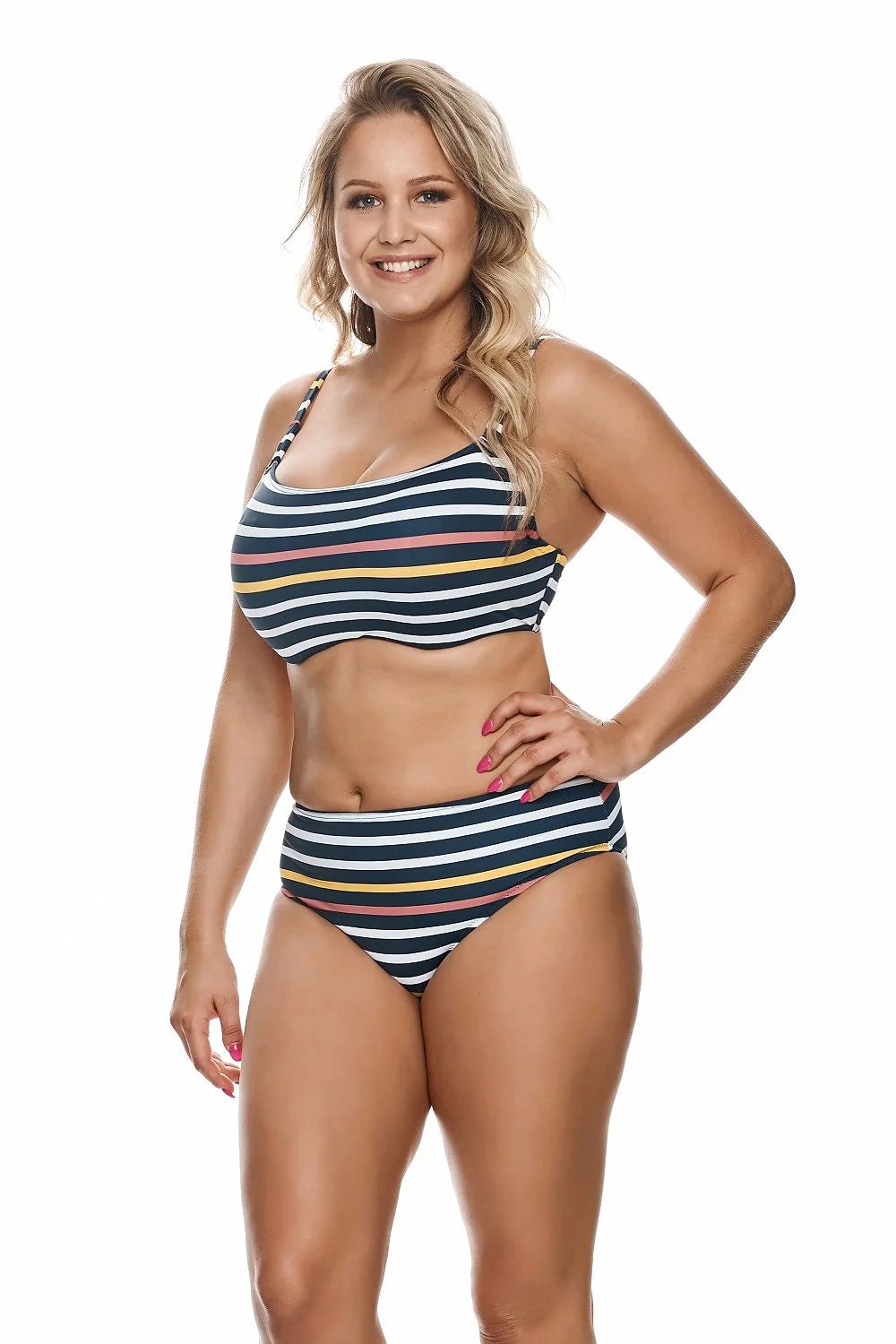 Maillot de bain femme 2 pièces en microfibre rayures multicolores brassière bretelles fines brief classique