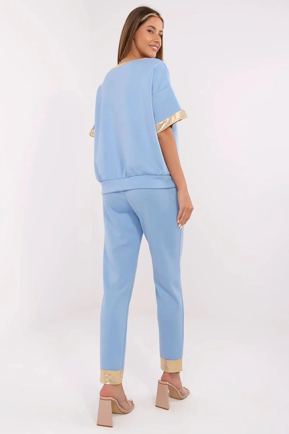 Ensemble femme élégant Italy Moda viscose coton élasthanne bleu ciel doré manches courtes taille haute pantalon ajustable