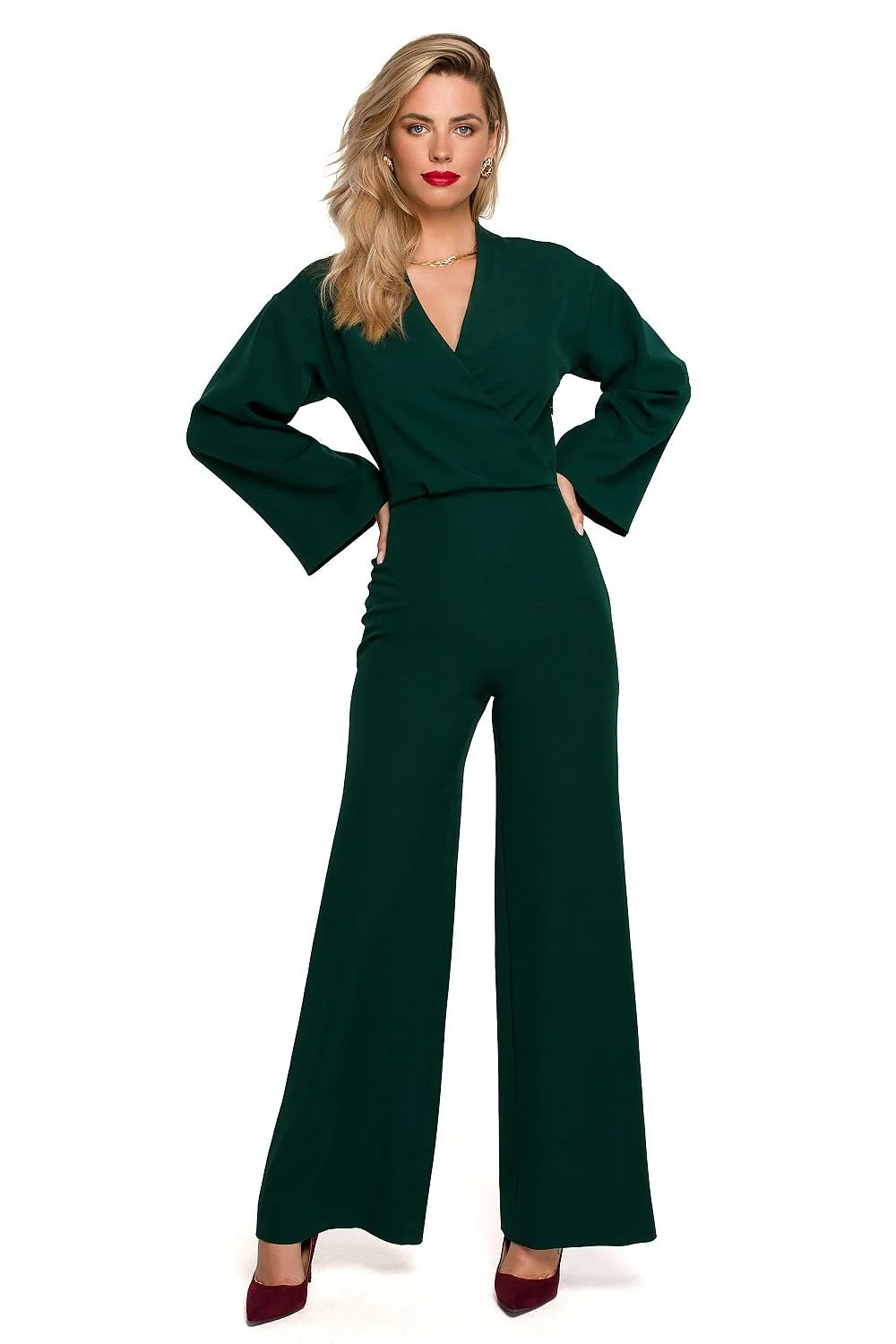 Combinaison Makover féminine élégante en polyester et élasthanne manches longues évasées encolure V croisée taille ajustable occasion spéciale