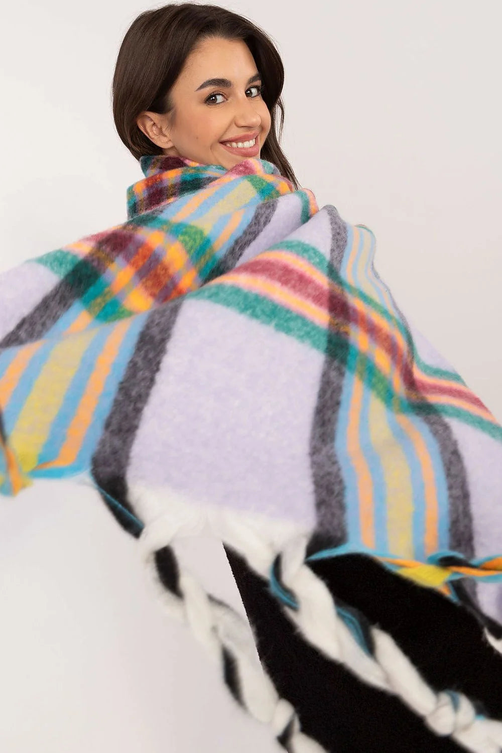 écharpe femme polyester carreaux multicolore franges torsadées oversize plaid lilas tartan brossée douce pelucheuse longue 182cm hivernale chic