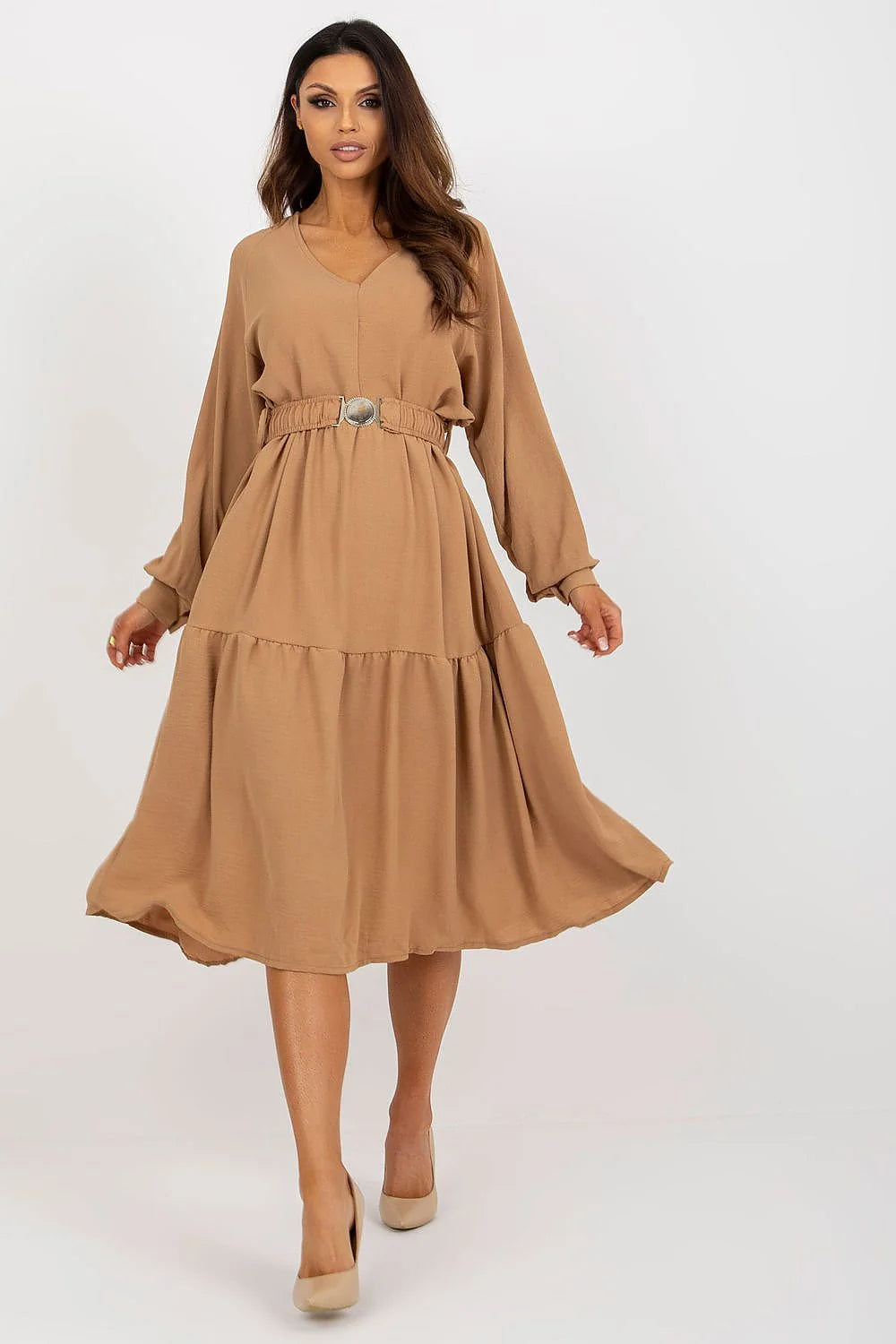 Robe casual femme marron camel V-neck ruffles ceinture longues manches amples coupe fluide mode élégante