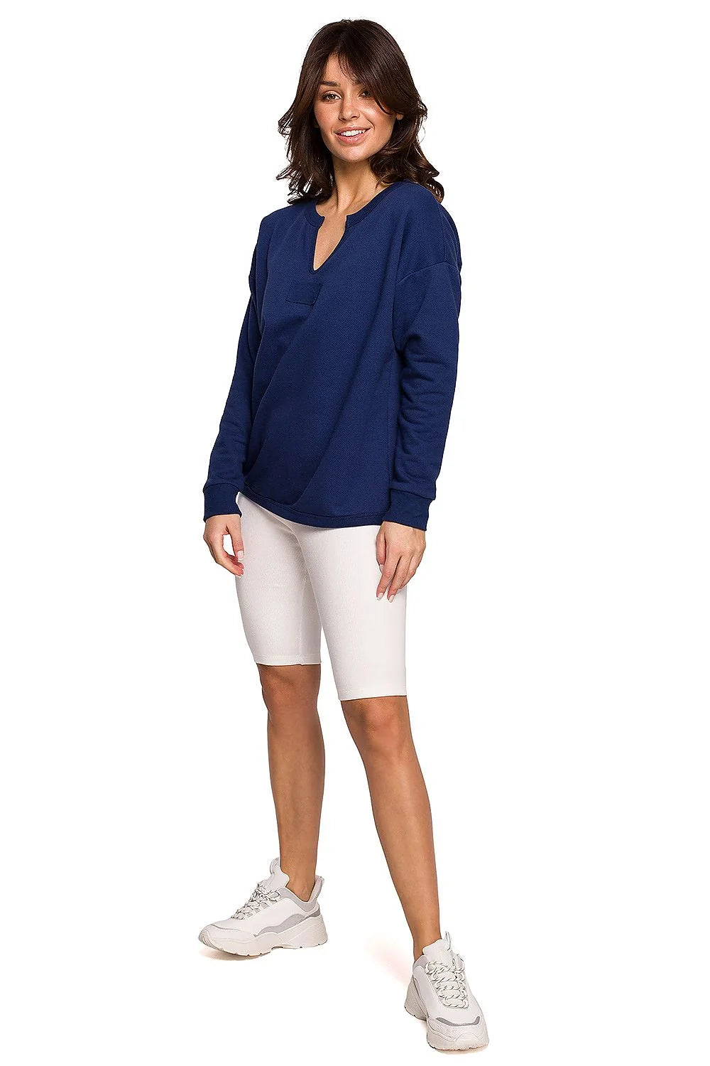 Sweatshirt femme coton coupe ample rose col V manches longues confortable style décontracté élégant