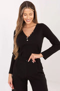 chemisier femme noir côtelé col V boutons métalliques manches longues coupe ajustée taille droite stretch coton confortable polyvalent élégant