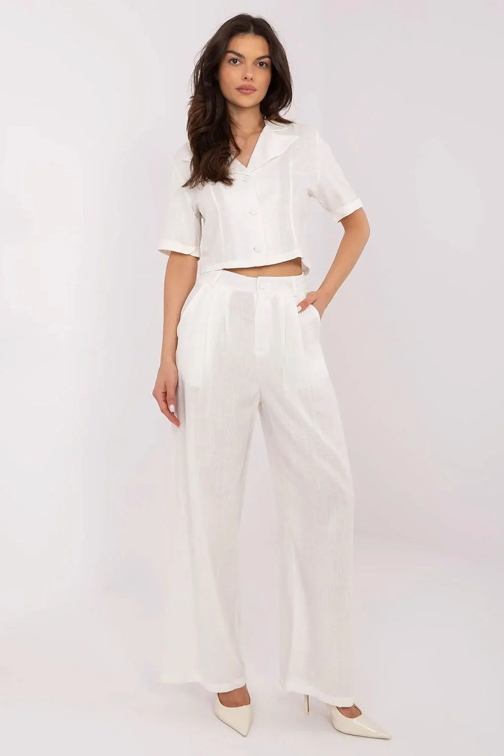 Ensemble féminin summer deux pièces chemisier court pantalon large blanc lin viscose respirant occasion quotidienne décontractée élégante