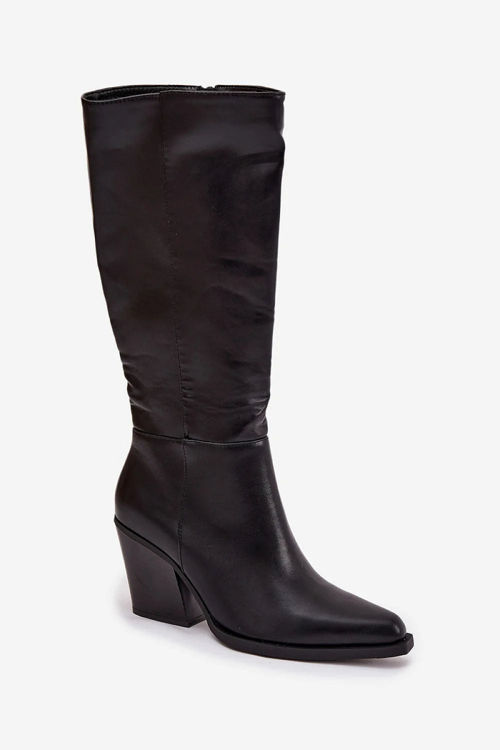 bottes femme cuir synthétique noir lisse tige genou bout pointu talon bloc moyen maintien confortable doublure chaude zippées urbaines élégantes