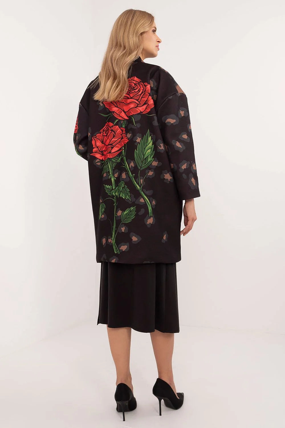 manteau mi genoux femme kimono droite manches longues col drapé oversize noir imprimé floral rouge feuilles vertes strass poches zippées