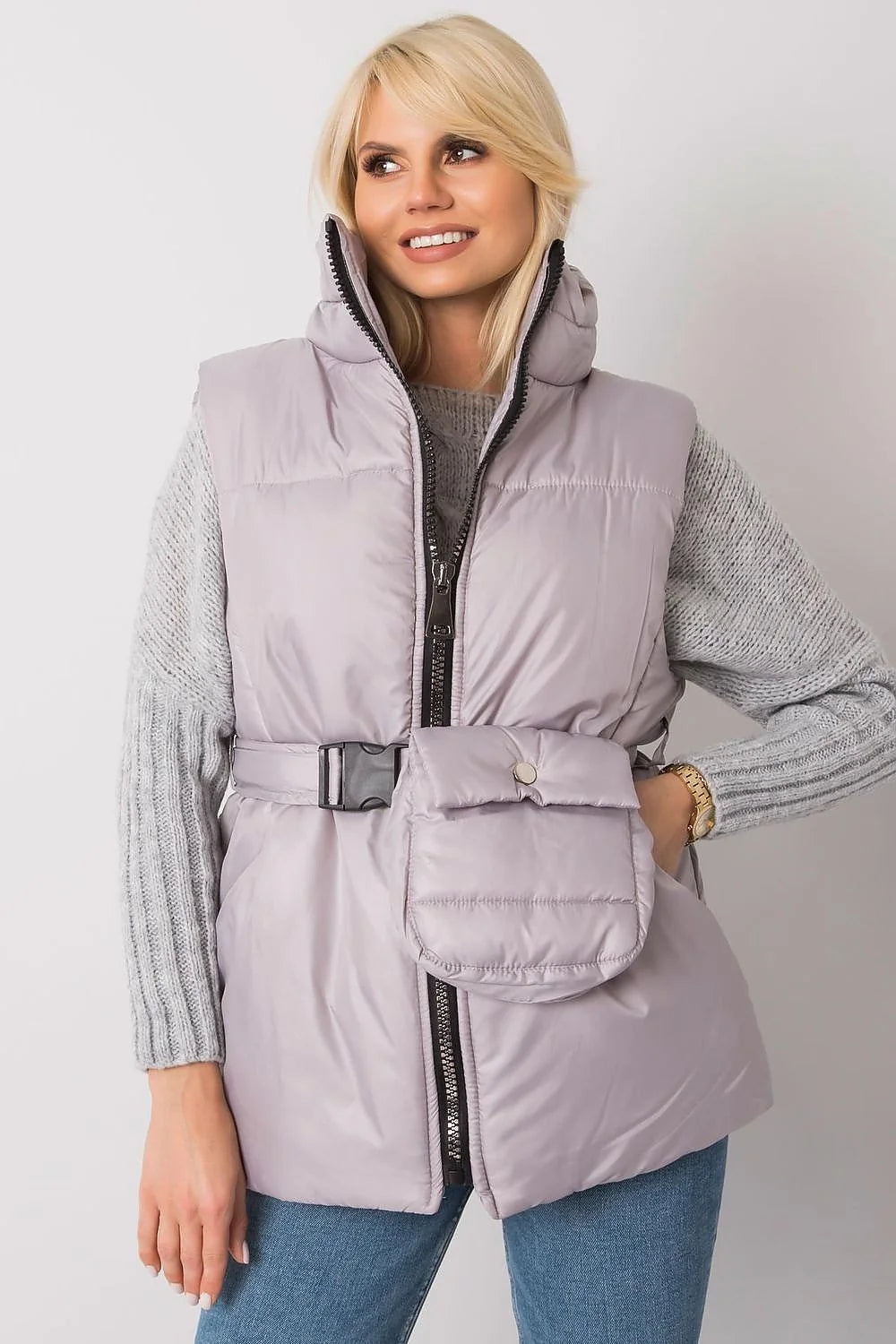 Gilet matelassé marron caramel polyester décontracté élégant fermeture éclair poches ceinture intégrée femme automne-hiver
