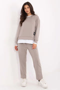 ensemble casual femme doux délicat toucher sweat col rond manches longues broderie subtile pantalon taille haute poches latérales viscose élasthanne
