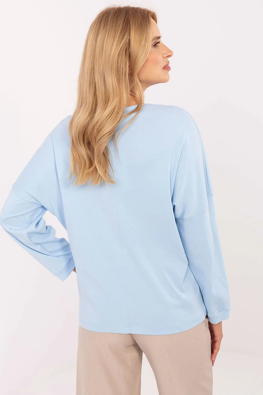 sweatshirt femme manches longues col rond bleu pastel coupe ample épaules tombantes jersey doux coton élasthanne confortable