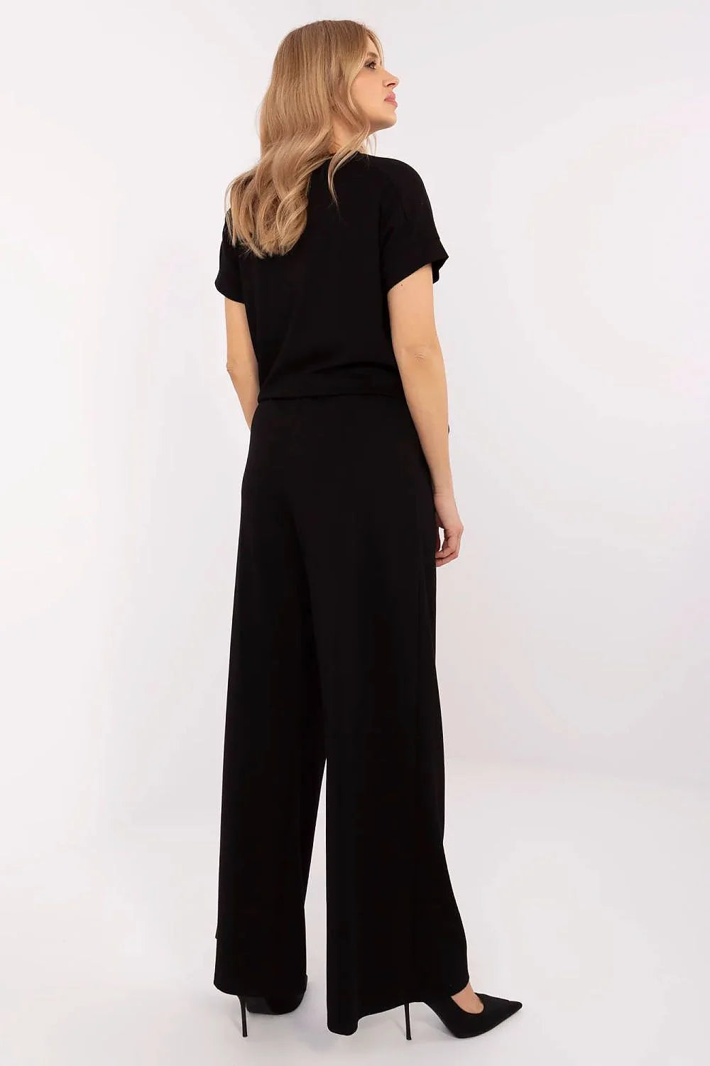 Ensemble élégant moderne femme noir T-shirt manches courtes pantalon large palazzo plis poches