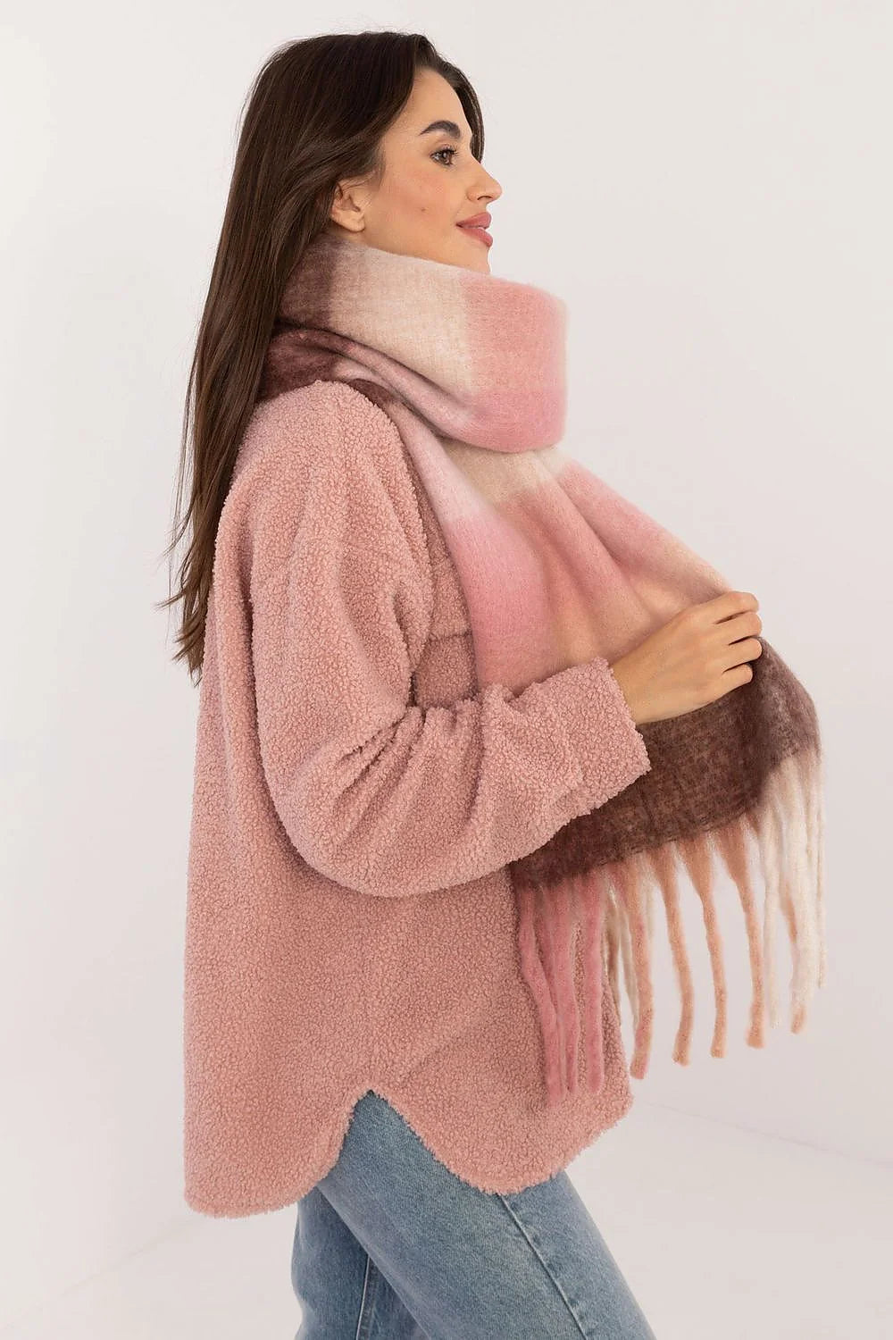 Écharpe et veste en sherpa pour femme, motif dégradé rose, crème et brun, style casual, texture douce