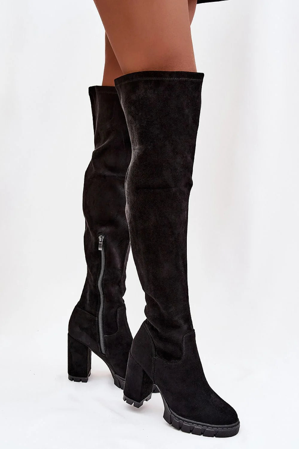bottes hautes genou femme talon colonne 10cm bouts arrondis enfiler fermeture éclair latérale cuir synthétique semelle confortable stable silhouette affinée