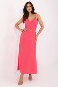 Robe d'été élégante corail longue bretelles décolleté V volant ceinture dorée robe jour femme confortable polyester
