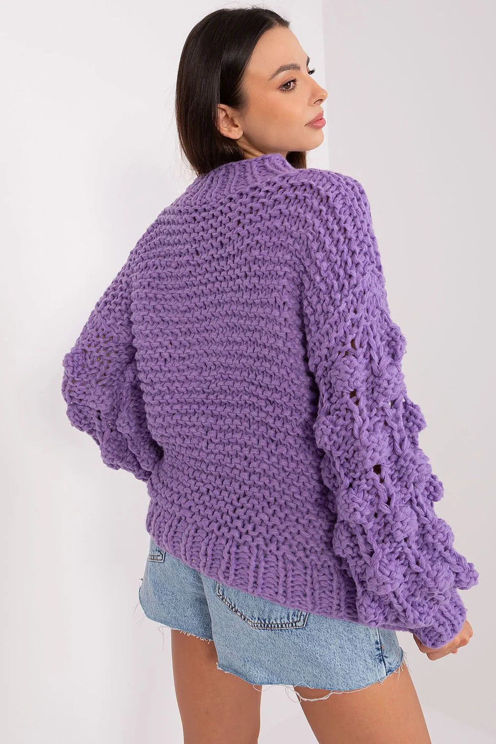 Pull femme maille épaisse style casual manches larges col montant couleur lavande occasion automne hiver