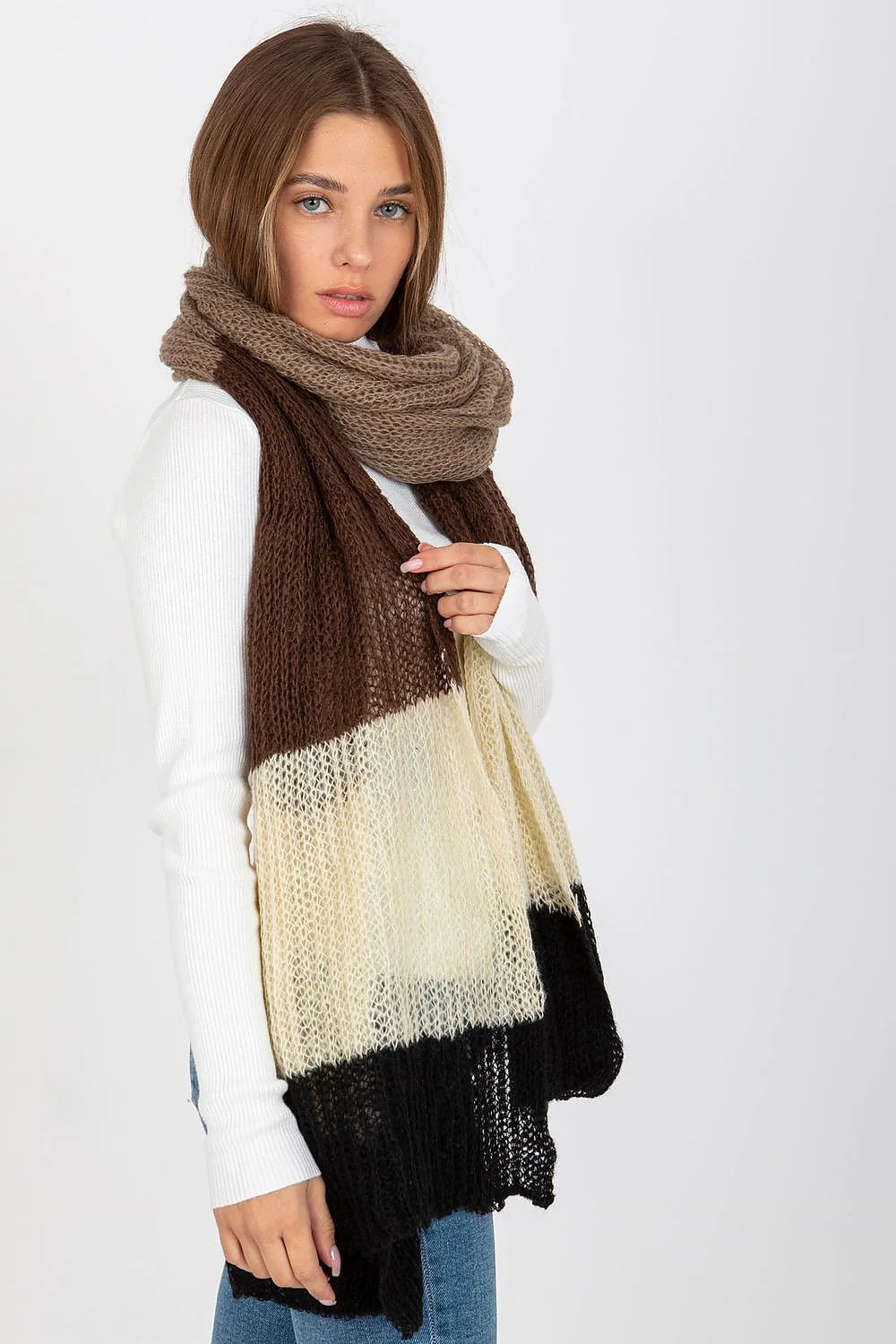 Écharpe tricolore pour femmes beige brun noir acrylique longue 220 cm hiver mode polyvalente élégante décontractée