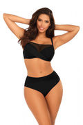 Maillot de bain deux pièces Barontex en noir, bandeau ajustable, taille haute, tulle transparent, soutien renforcé, femmes élégance plage piscine